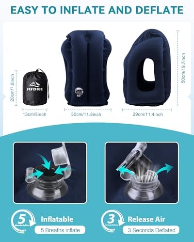 Inflatable Travel Pillow, Airplane Neck Pillow Comfortably Supports Head and Chin for Airplanes, Trains, Cars and Office Napping with 3D Eye Mask, Earplugs and Portable Drawstring Bag (Blue) - Image 6