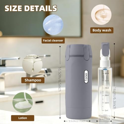 4 in 1 Travel Dispenser Bottle, Leakproof Travel Size Toiletries Holder, Refillable Portable Containers for Shampoo Lotion Conditioner Cream Transparent with Label (Grey) - Image 6