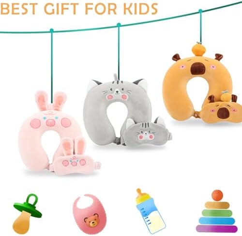 Travel Pillow, Kids Travel Pillow with Sleep Eye Mask Soft Memory Foam Kids Neck Pillow for Boys & Girls, Travel Accessories for Car Airplane Traveling - Grey Cat - Image 6