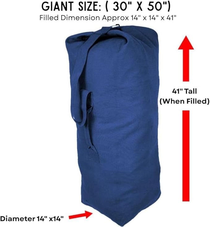 Top Load Heavyweight Cotton Canvas Tactical Military Duffle Bag Carryall Shoulder Storage Bulk Travel Bag, Navy Blue - 14" x 14" x 41"