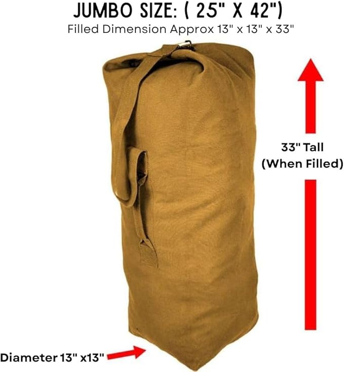 Top Load Heavyweight Cotton Canvas Tactical Military Duffle Bag Carryall Shoulder Storage Bulk Travel Bag, Coyote Brown - 13" x 13" x 33"