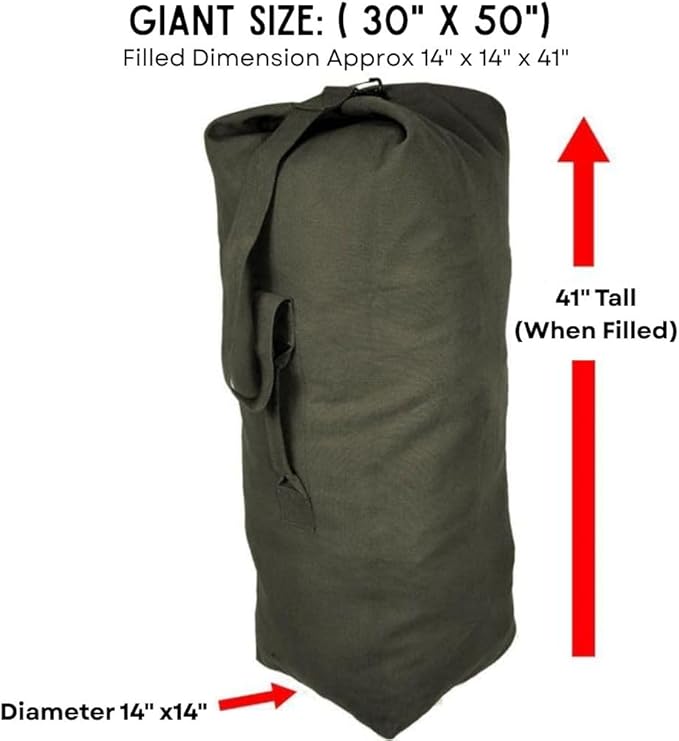 Top Load Heavyweight Cotton Canvas Tactical Military Duffle Bag Carryall Shoulder Storage Bulk Travel Bag, Olive Drab - 14" x 14" x 41"