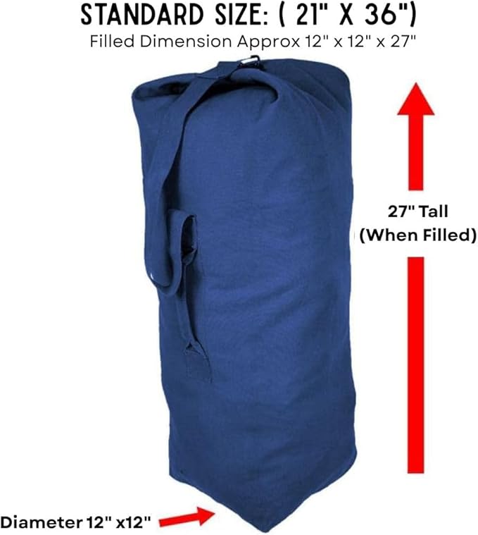 Top Load Heavyweight Cotton Canvas Tactical Military Duffle Bag Carryall Shoulder Storage Bulk Travel Bag, Navy Blue - 12" x 12" x 27"