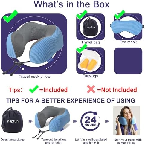 napfun Neck Pillow for Travel with Travel Pouch, Sleep Mask & Earplugs, Memory Foam Airplane Pillow for Headrest Sleep with Eyeshades, Plane Essentials with Eye Blindfold, Sky Blue Striped Kit - Image 6