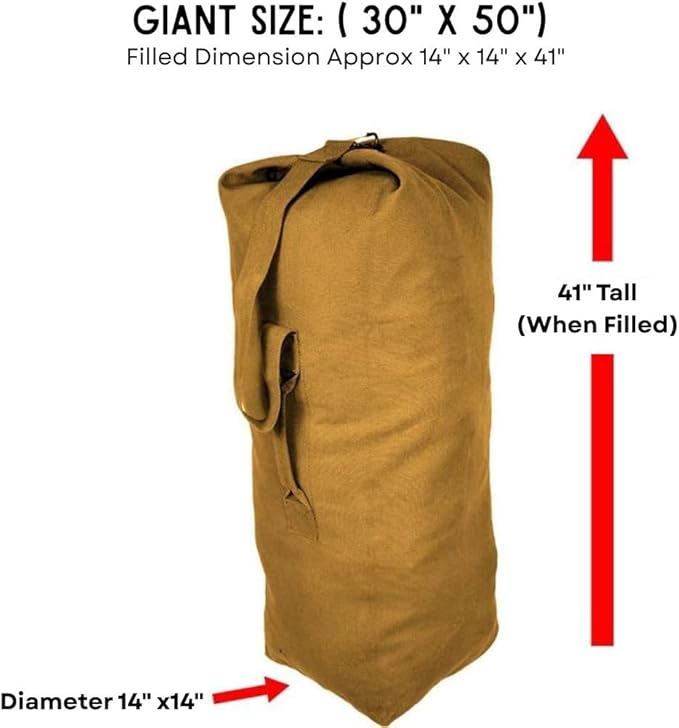 Top Load Heavyweight Cotton Canvas Tactical Military Duffle Bag Carryall Shoulder Storage Bulk Travel Bag, Coyote Brown - 14" x 14" x 41"