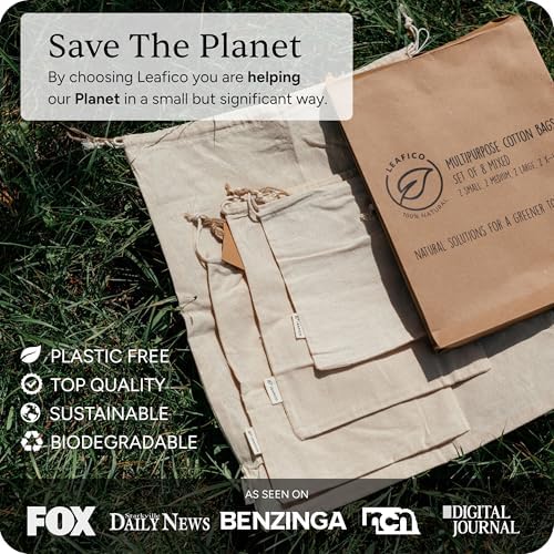 LEAFICO Cotton Storage Bags – X-Large 14x17 Inch (6-Pack) – Reusable Muslin Bags with Drawstrings – Biodegradable Canvas Fabric Sacks – Perfect for Bread, Bulk Produce, Potatoes, Onions, Shoes - Image 6