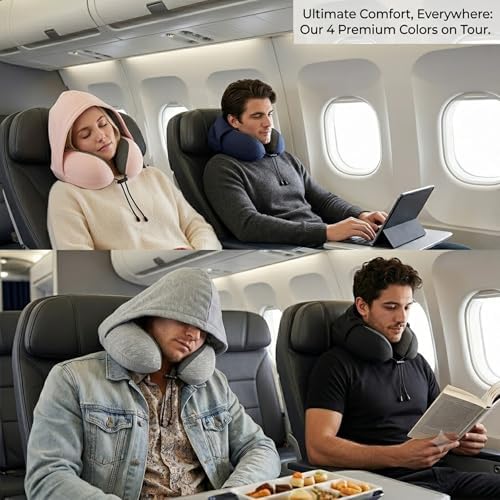 Hooded Travel Pillow,Memory Foam Neck Support Pillow with Skin-Friendly Cooling Cover and EVA Storage Case, Airplane Pillow Head Support for Office Plane Travel Car Sleeping (Navy Blue) - Image 6