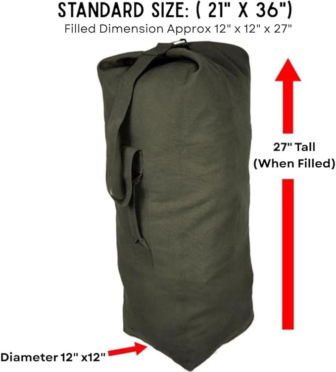 Top Load Heavyweight Cotton Canvas Tactical Military Duffle Bag Carryall Shoulder Storage Bulk Travel Bag, Olive Drab - 12" x 12" x 27"