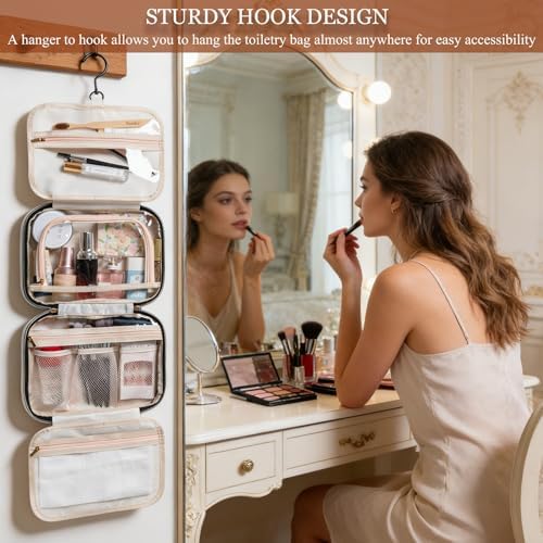 Travel Toiletry Bag for Women, Large Hanging Makeup Cosmetic Bag, Beige - Image 7