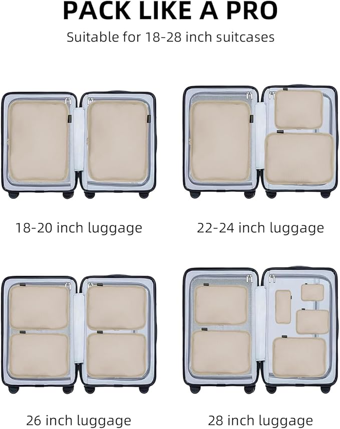 Compression Packing Cubes for Travel, 6-Piece Set (Large/Medium/Small), Double-Zip Luggage Organizers for Suitcase & Carry-On, Clothes Storage Bags (Classic Khaki, 6 Pack)