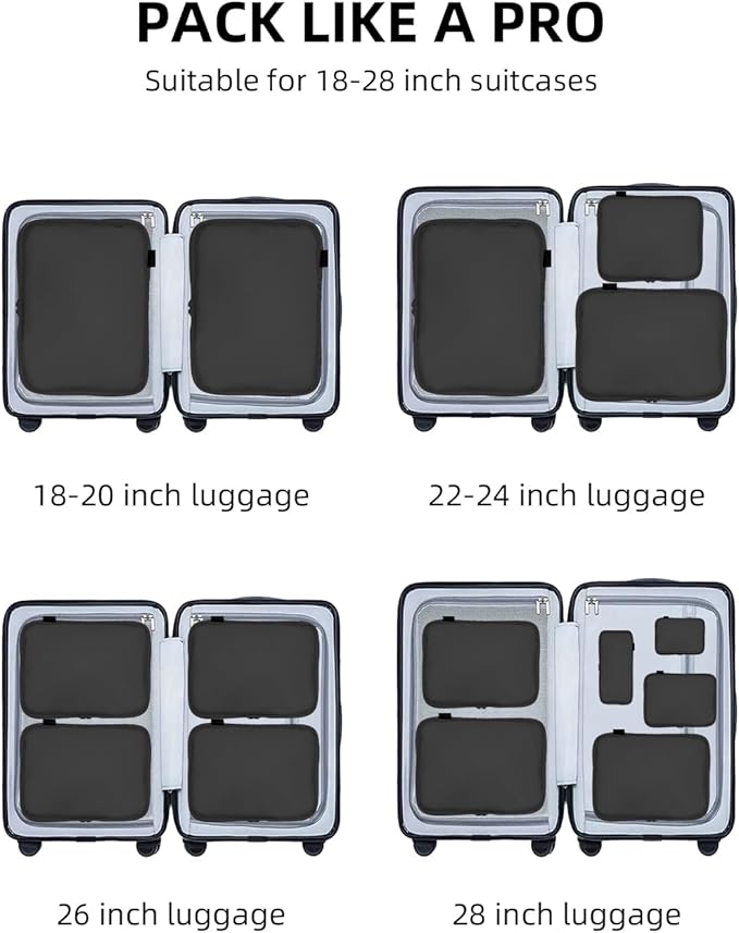 Compression Packing Cubes for Travel, 6-Piece Set (Large/Medium/Small), Double-Zip Luggage Organizers for Suitcase & Carry-On, Clothes Storage Bags (Pure Black, 6 Pack)