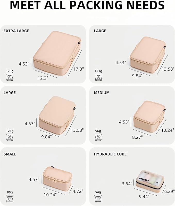 6 Set Compression Packing Cubes for 7–14 Day Travel, Durable Nylon Oxford Luggage Organizers with IP6X Waterproof Toiletry Bag, Expandable Suitcase Packing System (Mist Khaki)