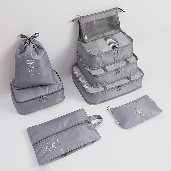 8 Set Packing Cubes for Suitcases, INVODA Travel Luggage Packing Organizers with Laundry Bag, Compression Storage Shoe Bag, Clothing Underwear Bag (Grey)