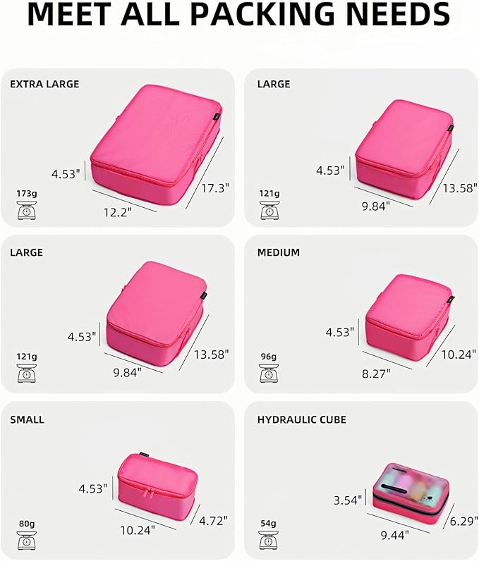 6 Set Compression Packing Cubes for 7–14 Day Travel, Durable Nylon Oxford Luggage Organizers with IP6X Waterproof Toiletry Bag, Expandable Suitcase Packing System (Rose Red)