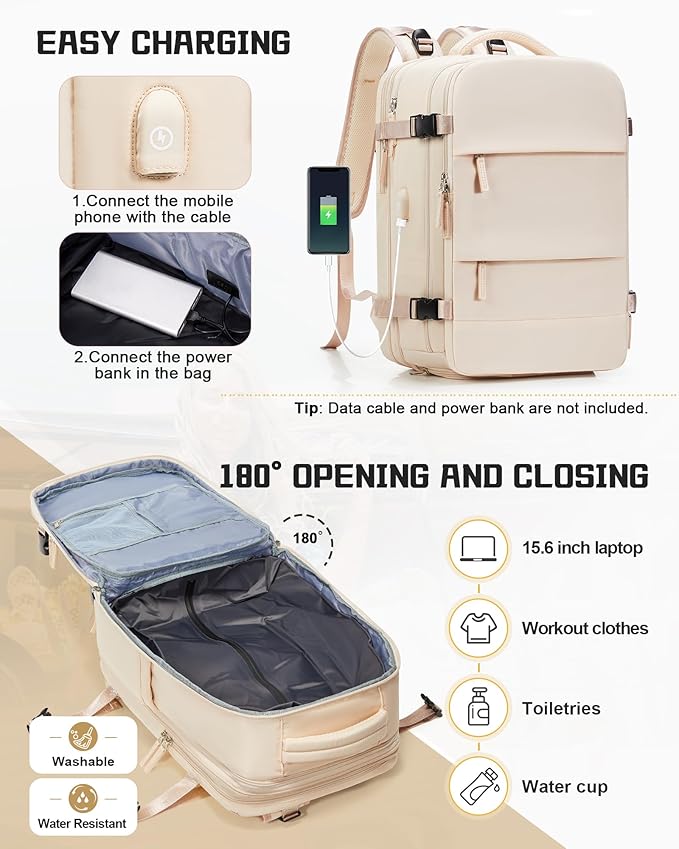wepadre Vacuum Backpack Travel with Pump Travel Backpack with Vacuum System Expandable Vacpack Compression Backpacks for Travel Easy Vac Pack Carry on Luggage Beige