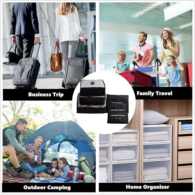6 Pack Travel Organizer with Laundry Pouch, Electronics & Compression Storage Bags, Clothing & Underwear Pouch, Luggage Organizer for Backpack & Carry On Suitcase - Black