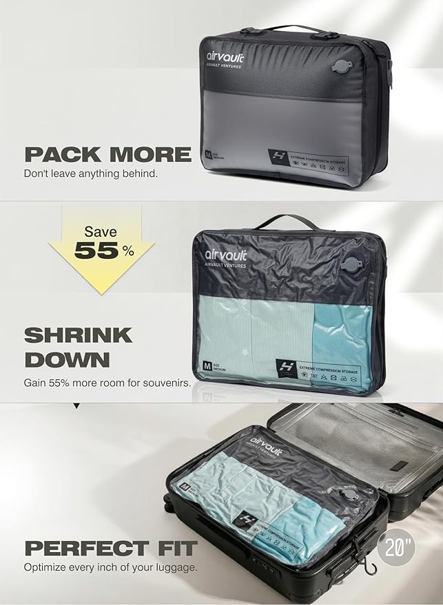 AirVault Travel Pack Vacuum Kit Reusable Air Seal Compression Bags with Wireless Suitcases Backpack Space Saver Vacpack (21L (2-Pack))