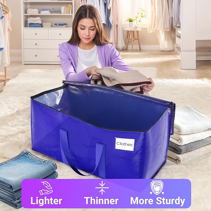 FabSpace Moving Storage Bags, Moving Supplies Packing Boxes for Moving, Camping, College Dorm Room Essentials for Girls, Blue Tote Bags, Heavy-Duty Storage Bins With Lids And Zippers, 93L 4 Pack