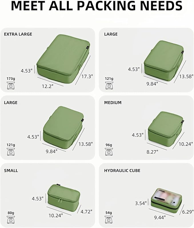 6 Set Compression Packing Cubes for 7–14 Day Travel, Durable Nylon Oxford Luggage Organizers with IP6X Waterproof Toiletry Bag, Expandable Suitcase Packing System (Forest Green)