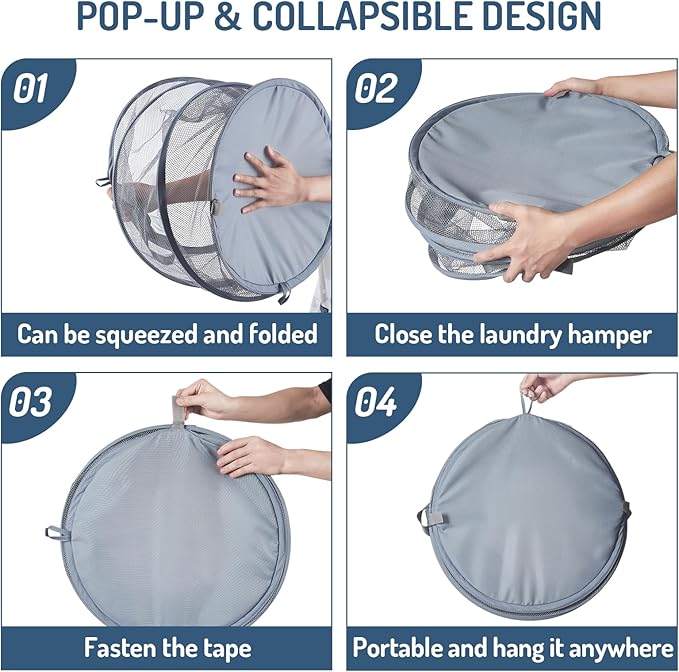 Seiritex Mesh Popup Laundry Hamper 115L Collapsible Laundry Basket Extra Large Capacity Foldable Clothing Storage Basket with Handles 26 H x 18 W x 18 L (Gray)