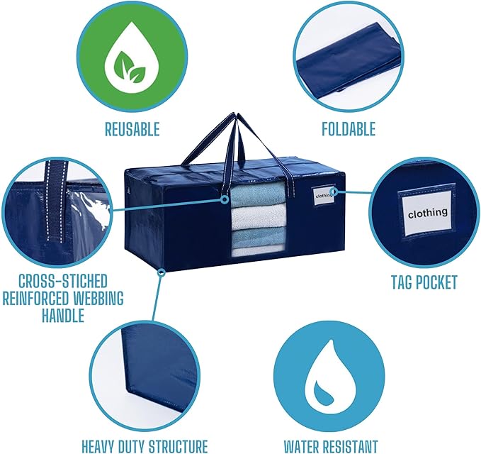 VENO 8 Pack Heavy Duty Moving Bags, Packing Bags with Clear Window, Alternative to Moving Boxes, Storage Bins for Clothes, Blankets, Comforters, College Dorm Essentials (Blue, 8 Pack)