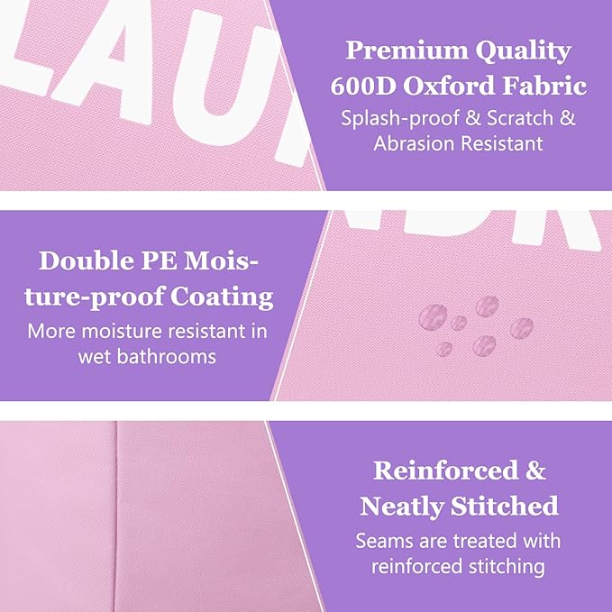 2Pcs 95L Purple + Pink Laundry Basket, Folding Laundry Hampers for Women with Soft Handles, Freestanding Dirty Clothes Basket, Sturdy Oxford Fabric Clothes Hampers for Travel, Dormitory