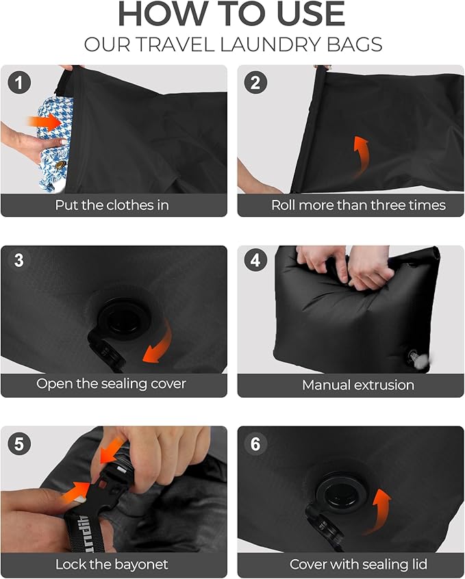 Travel Laundry Bag, Pump-Free Vacuum Compression Dirty Clothes Bag, Reusable Waterproof & Washable Laundry Bag, Wet and Dry Bag, Ideal for Suitcases, Road Trip Essentials (2 Pcs, L+L) Black