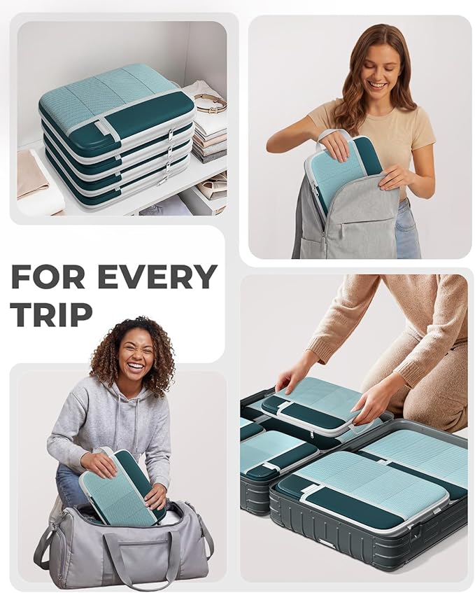 Percover Compression Packing Cubes for Travel, 10-Piece Structured Compression Organizer Set with Toiletry Bag, Laundry Bag & Shoe Bag for Carry-On & Checked Luggage, Peacock Green