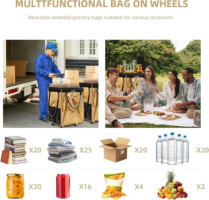 (Medium, Gold) Reusable Grocery Bag on 4 Wheels, Foldable Rolling Tote Carries Up to 66lb Shopping Trolley, Rolling Bag with 3 Handles, Zipper Clouser Rolling Tote Bag with Wheels for Laundry