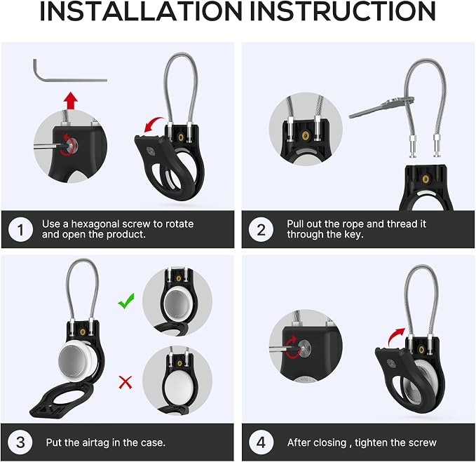 Air Tag Holder - (4 Pack) Air tag Lock Keychain with Wire Cable Compatible with Apple AirTag,Ultra Durable Anti-Lost Protective Case with Keyring for Luggage, Key, Backpack, Pet, Bag, Black - Image 8