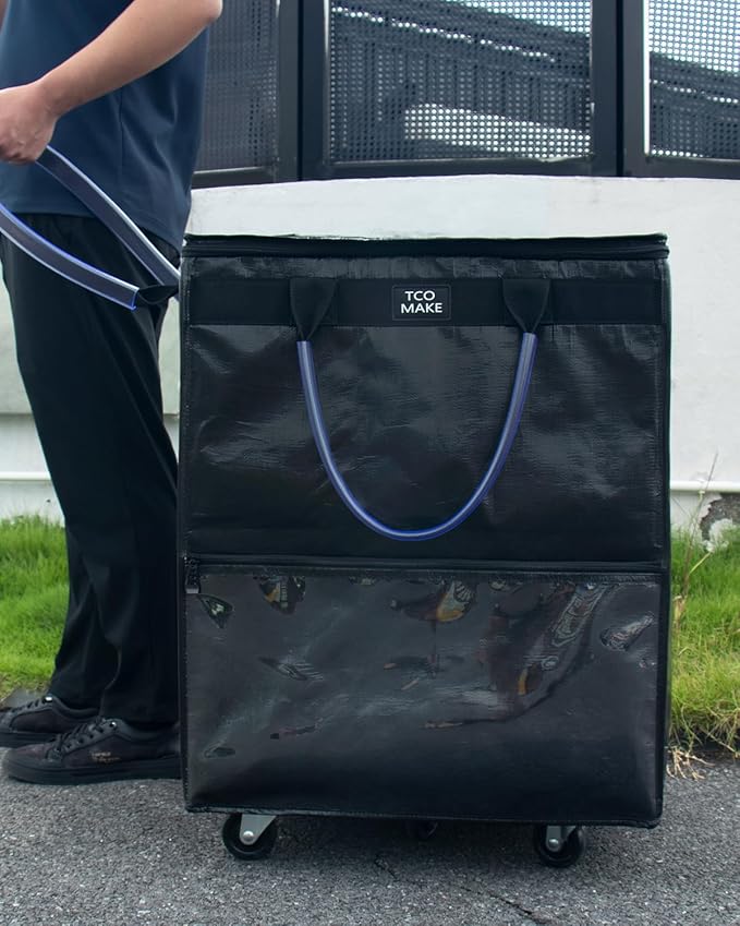 (Large, Black) Reusable Grocery Bag on Wheels, Shopping Bags with Wheels and Handle, Folding Rolling Tote, Zipper Cover, Carries Up to 76 LBS, for Laundry, Picnic