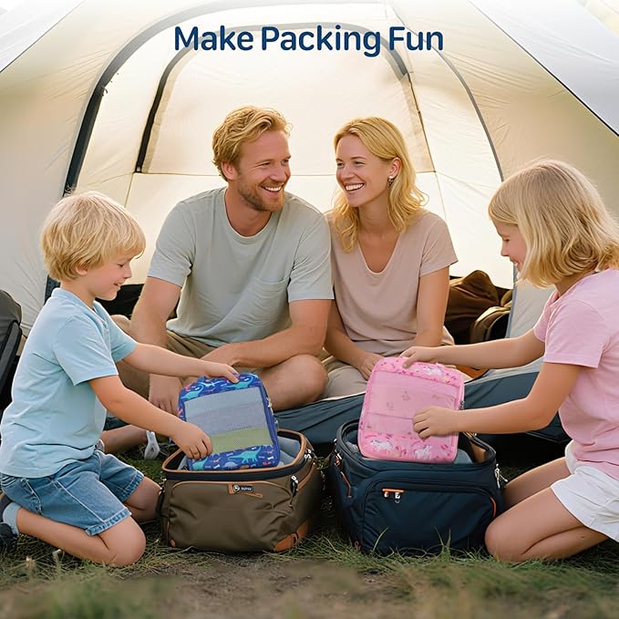 Kids Compression Packing Cubes, 4 Piece Set for Carry On Suitcase, Water Resistant Travel Luggage Organizers with Shoe Bag, Toddler Backpack Essentials (Blue Dinosaur)