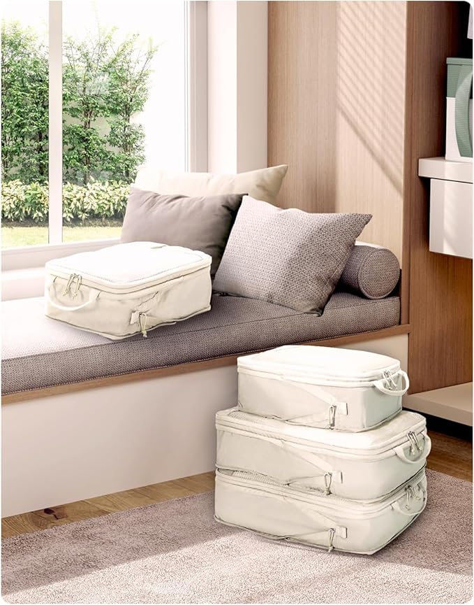 ECOHUB 4 Set Compression Packing Cubes for Travel Essentials, Suitcases Organizer Bags with Tag, Travel Bags Organizer for Luggage, Beige-Compress