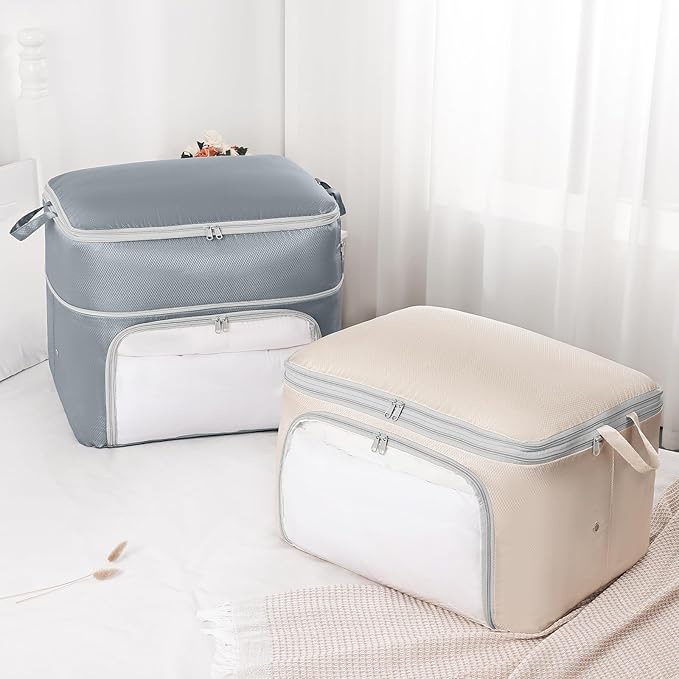 Comforter Storage Bag - Large Capacity Blanket Storage Bags Front-opening Ultra Space Saving Self Compression Organizer, Washable Compression Bags for Storage Comforter Blanket, 2 Pack, Grey