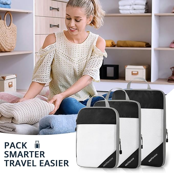 NICOSHOW 3 Set Compression Packing Cubes for Travel - Compressible, Lightweight, and Space-Saving Packing Cubes, Travel Essentials for Women, Black