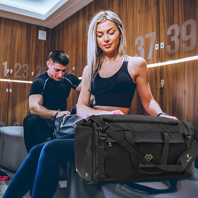 Large Sports Gym Bag, Travel Duffel bag with Wet Pocket & Shoes Compartment for men women, 65L, Lightweight(Black)