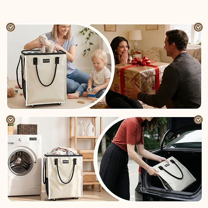 Reusable Hauler Rolling Tote Bag, Collapsible Portable Shopping Cart with Wheels for Groceries, Apartments Laundry, Organization, Heavy Duty Utility Tote, Travel and Moving, 75lbs, Beige