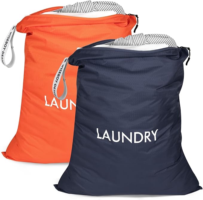 WiseBoy 2 Pack Travel Laundry Bags for Dirty Clothes, Water-Resistant Nylon Wet Dry Bag with Zipper, Odor-Proof Washable Pouch for Gym, Swimming, College Dorm & Suitcase Organization