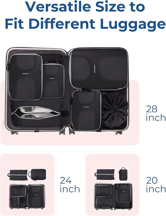 BAGSMART Compression Packing Cubes, 6 Set Packing Cubes for Suitcases, Lightweight Suitcases Organizers Bag Set & Compression Travel Cubes, Travel Essentials Packing Organizers Black