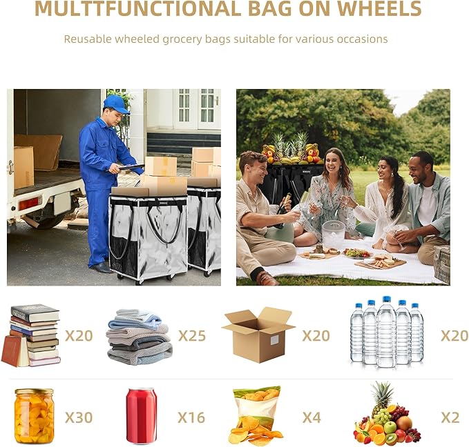 (Large,Silver) Reusable Grocery Bag on 5 Wheels, Foldable Rolling Tote Carries Up to 76lb Shopping Trolley, Rolling Bag with 3 Handles, Zipper Clouser Rolling Tote Bag with Wheels for Laundry