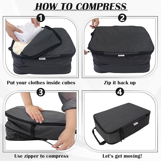 Compression Packing Cubes for Travel Essentials, Expandable Compression Bags Travel Cubes for Packing Suitcase Organizer Bags (Black, 4 pcs)