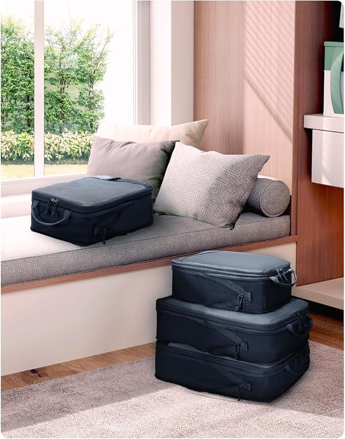 ECOHUB 4 Set Compression Packing Cubes for Travel Essentials, Suitcases Organizer Bags with Tag, Travel Bags Organizer for Luggage, Navy Blue-Compress