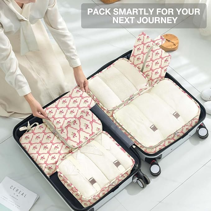 8 Set Packing Cubes for Suitcases,Packing Cube with Shoe, Cosmetics, Clothing, and Accessories Bags Packing Cubes for Travel Luggage Organizer Women Men(Bow Flowers)
