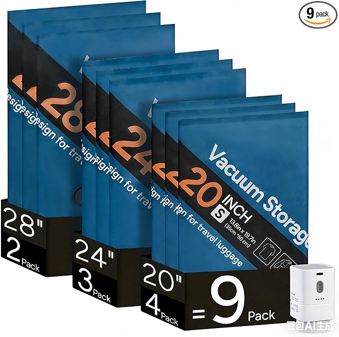 Vacuum Bags for Travel with Electric Pump, 9 Pack, Oxford Fabric, Airtight Space Saver Compression Bags for Clothes, Luggage and Suitcase, 4S 3M 2L