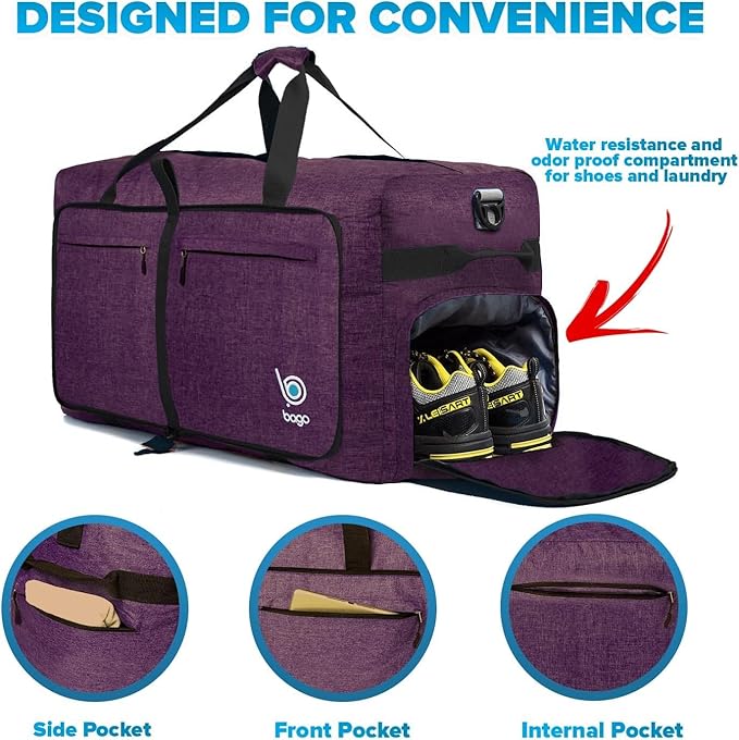 Bago Extra Large Duffle Bag for Travel Women & Men. Durable, Lightweight, Foldable Travel Duffel Bags For Traveling Women. 120L Duffle Bags Use As a Weekender Bag with Shoe Compartment, Checked Duffel