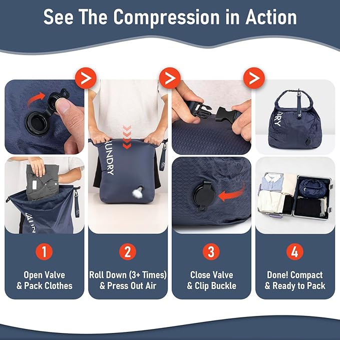 WiseBoy Compression Laundry Bag 2 Pack, Pump-Free Travel Laundry Bag for Dirty Clothes, Waterproof Wet Dry Bag, Space Saving Packing Organizer for Suitcase, Gym & Swim (Navy Blue & Orange)