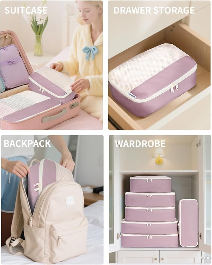 Narwey 7 Set Packing Cubes for Travel Carry on Suitcase Luggage Organizer Bags for Kids Women Men, Durable Packing Organizers Bag, Travel Essentials Accessories (Dusty Pink)