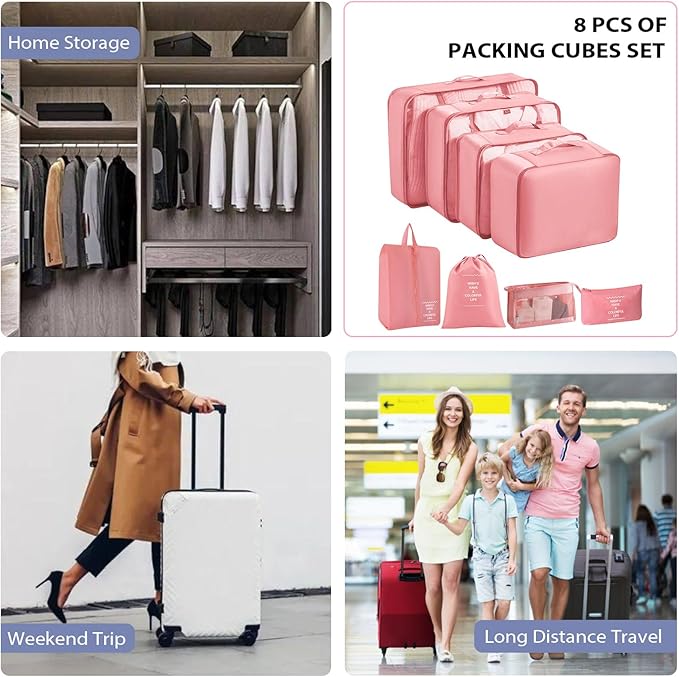 8 Set Packing Cubes for Suitcases, INVODA Travel Luggage Packing Organizers with Laundry Bag, Compression Storage Shoe Bag, Clothing Underwear Bag (Pink)