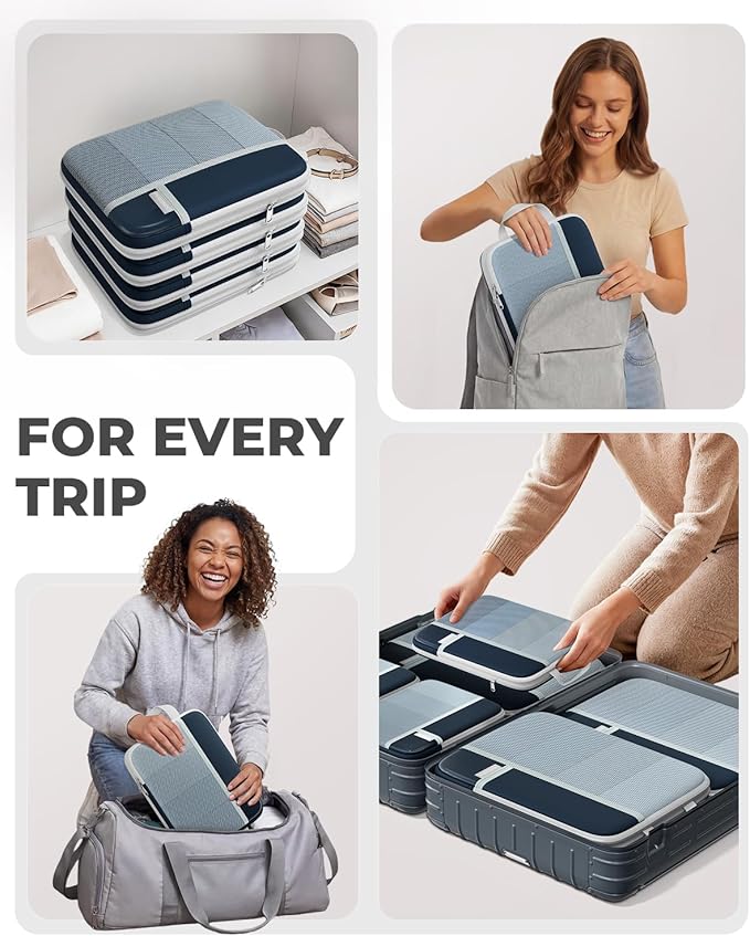 Percover Compression Packing Cubes for Travel, 8-Piece Structured Compression Organizer Set with Laundry Bag & Shoe Bag for Carry-On & Checked Luggage, Navy Blue