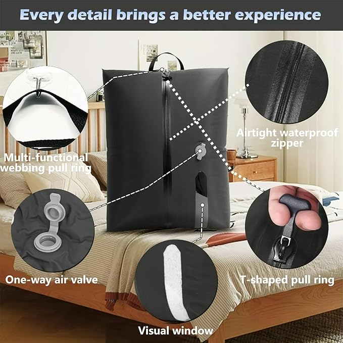 Vacuum Bags with Wireless Pump, Reusable Compression Space Saver for Travel, Visual Window, Sealed and Dust-Free, IP68 Waterproof Packing Cubes for Carry on Suitcases and Backpacks (Jet Black 20L 2PC)